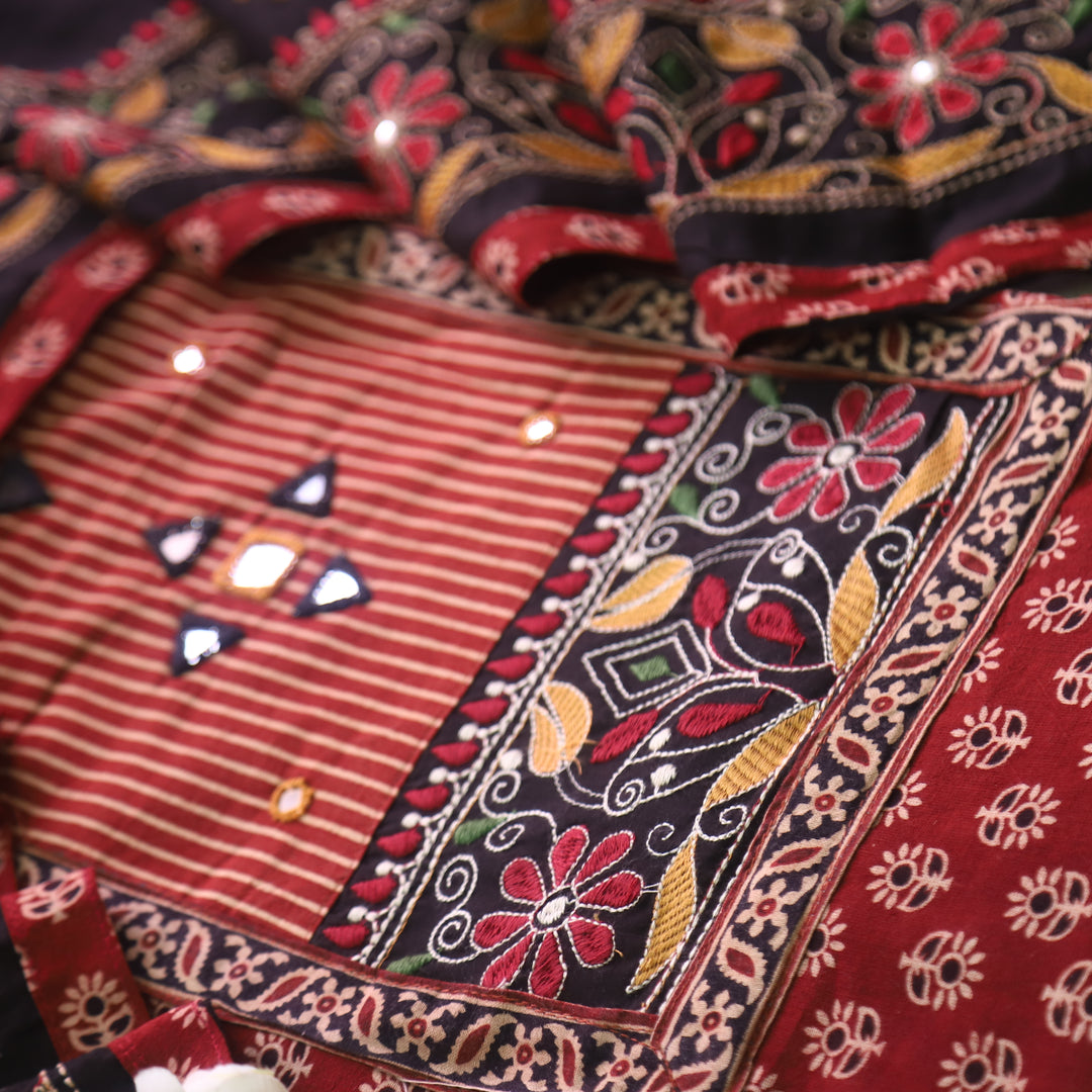 Hairat Blood Red Kutch Patch with Mirror Work Printed Cotton Suit Set