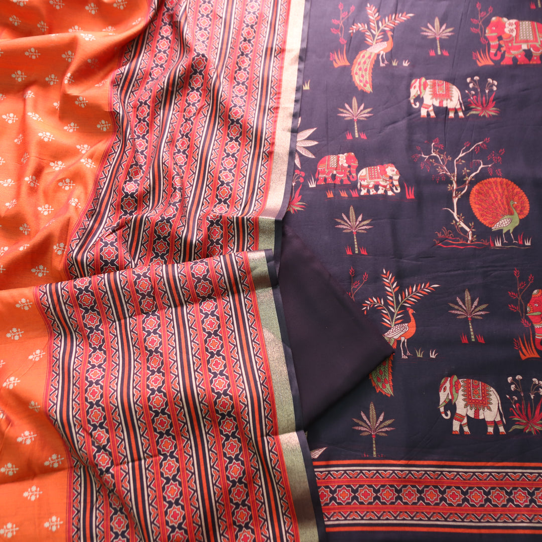 Kumari Faded Black Bird and Gajj Print Maheshwari Chanderi Set
