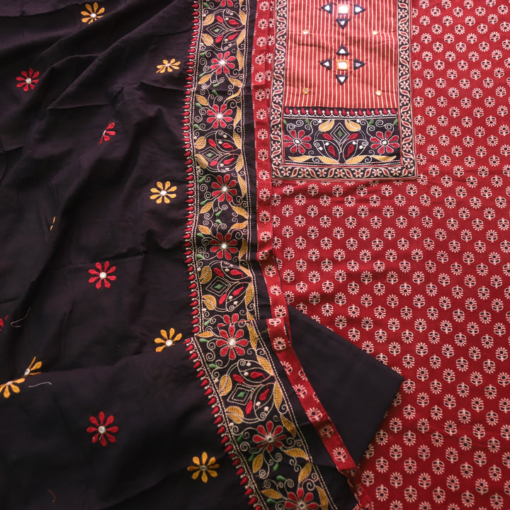 Hairat Blood Red Kutch Patch with Mirror Work Printed Cotton Suit Set