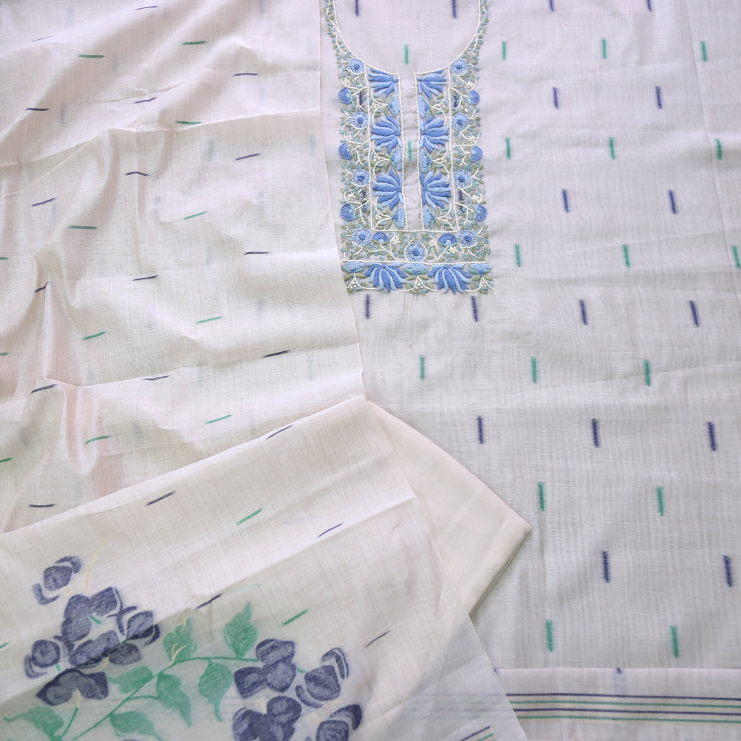 Jamdani Royal Blue Thread Neck Work Jamdani Suit Set