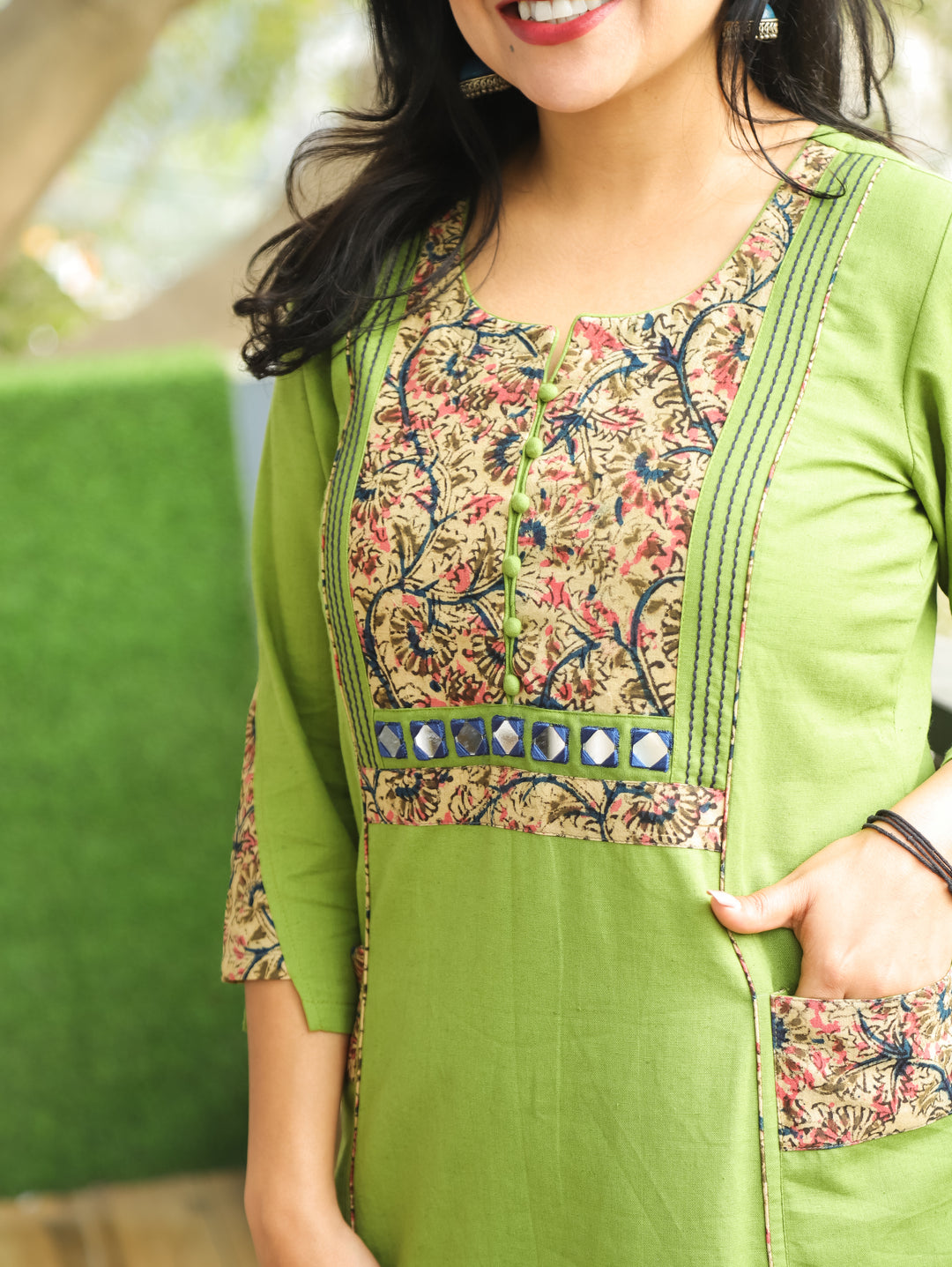 Vaishali Grass Green Potli Button with Mirror Kalamkari Yoke Panel Cotton Kurti