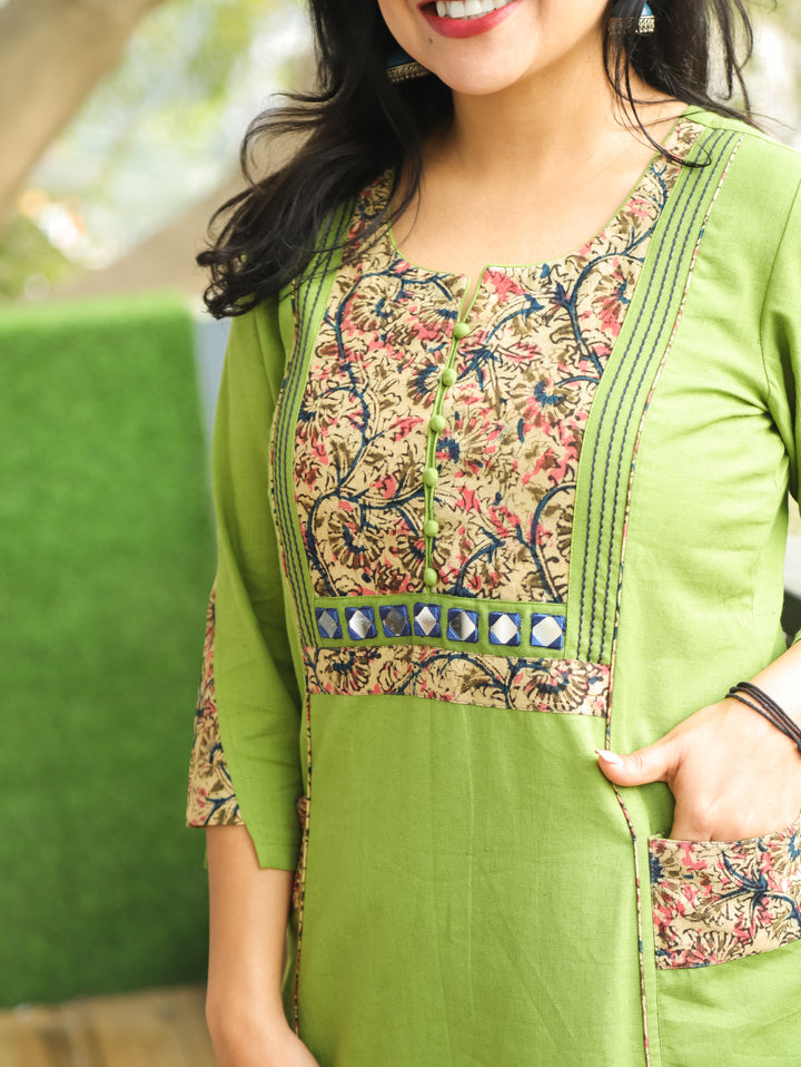 Vaishali Grass Green Potli Button with Mirror Kalamkari Yoke Panel Cotton Kurti