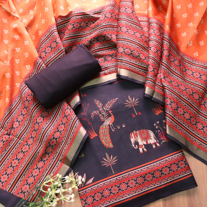 Kumari Faded Black Bird and Gajj Print Maheshwari Chanderi Set