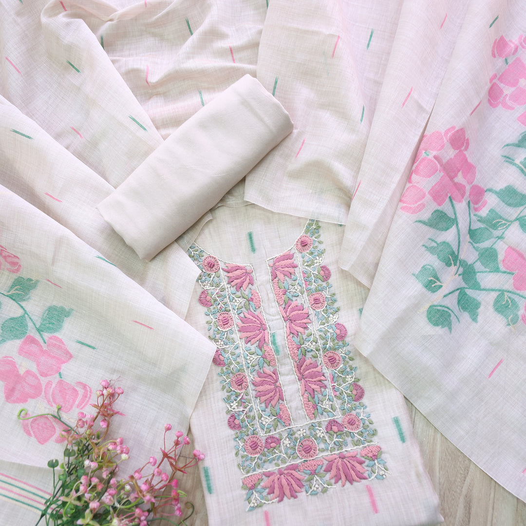 Jamdani Bright Pink Thread Neck Work Jamdani Suit Set