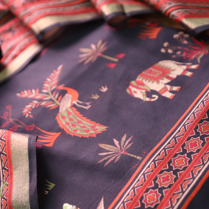 Kumari Faded Black Bird and Gajj Print Maheshwari Chanderi Set