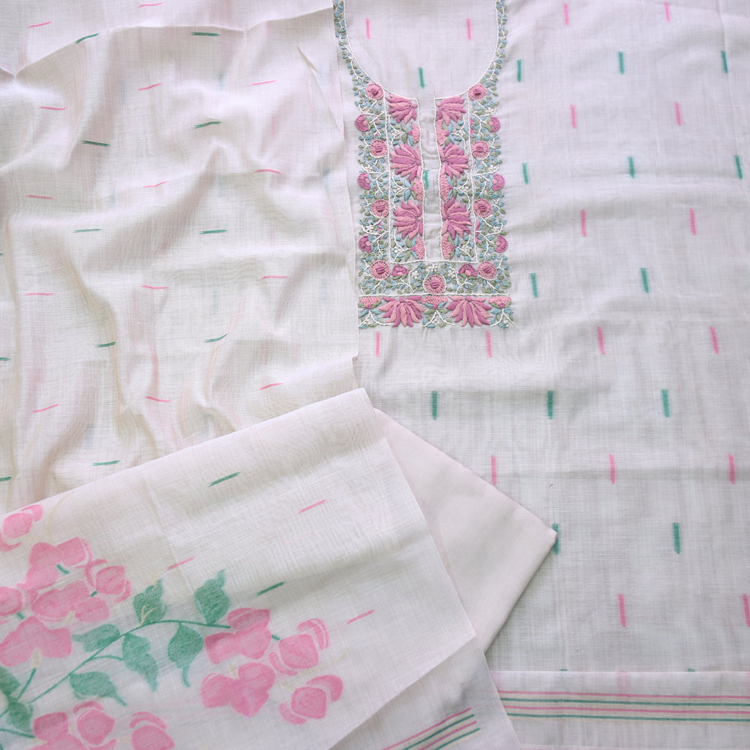 Jamdani Bright Pink Thread Neck Work Jamdani Suit Set