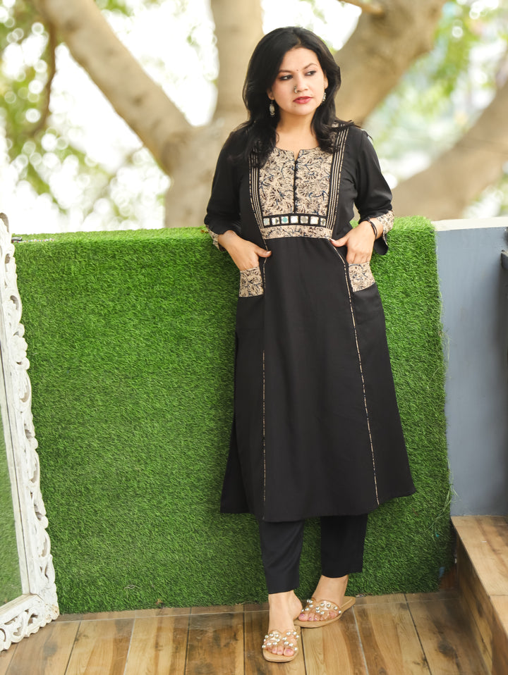Vaishali Ebony Black Potli Button with Mirror Kalamkari Yoke Panel Cotton Kurti