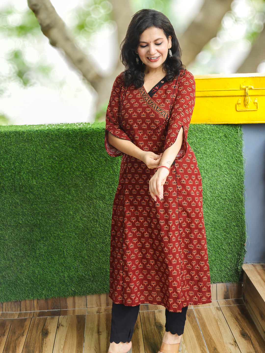 Varsha Maroon Red Angrakha Lotus Panel Cotton Kurti