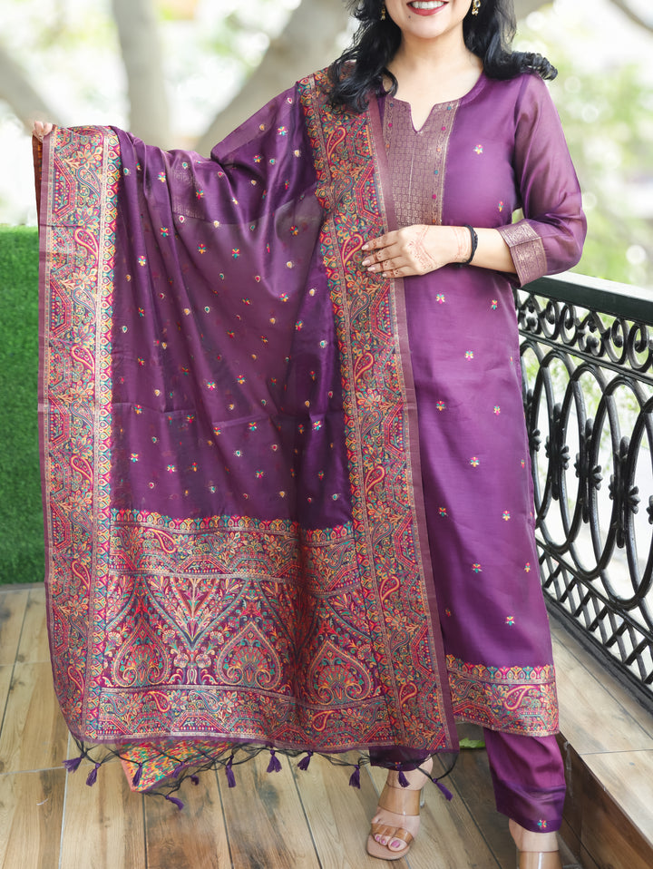 Saheli Wine Purple Round Neck in Jamdani Kashmiri Inspired Chanderi 3 Piece Set
