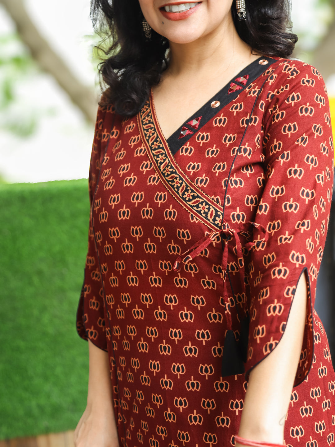 Varsha Maroon Red Angrakha Lotus Panel Cotton Kurti
