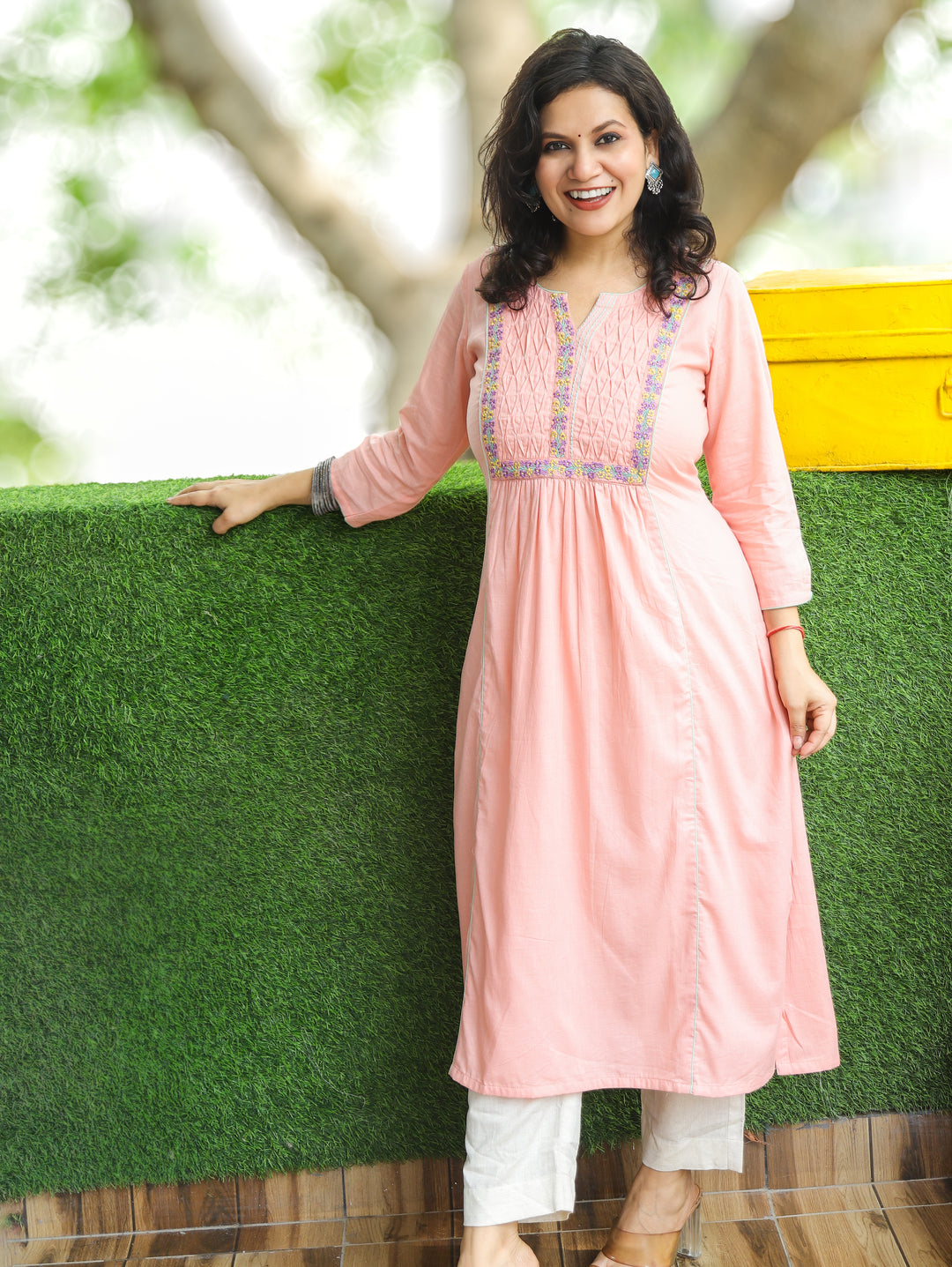 Rushali Peach Pintuck Work Yoke Cotton Kurti