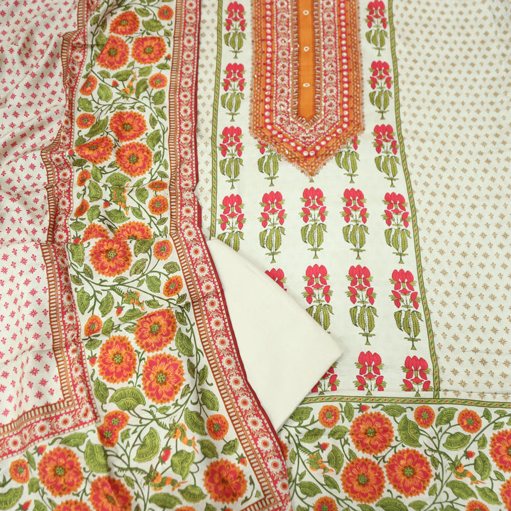Newari Cream White French Knot Panel Style All Over Floral Print Muslin Set D2