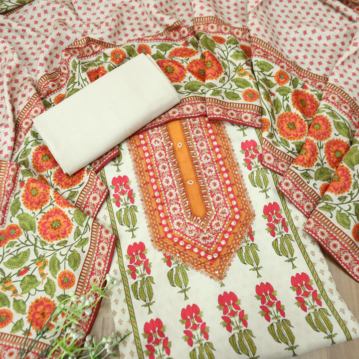 Newari Cream White French Knot Panel Style All Over Floral Print Muslin Set D2