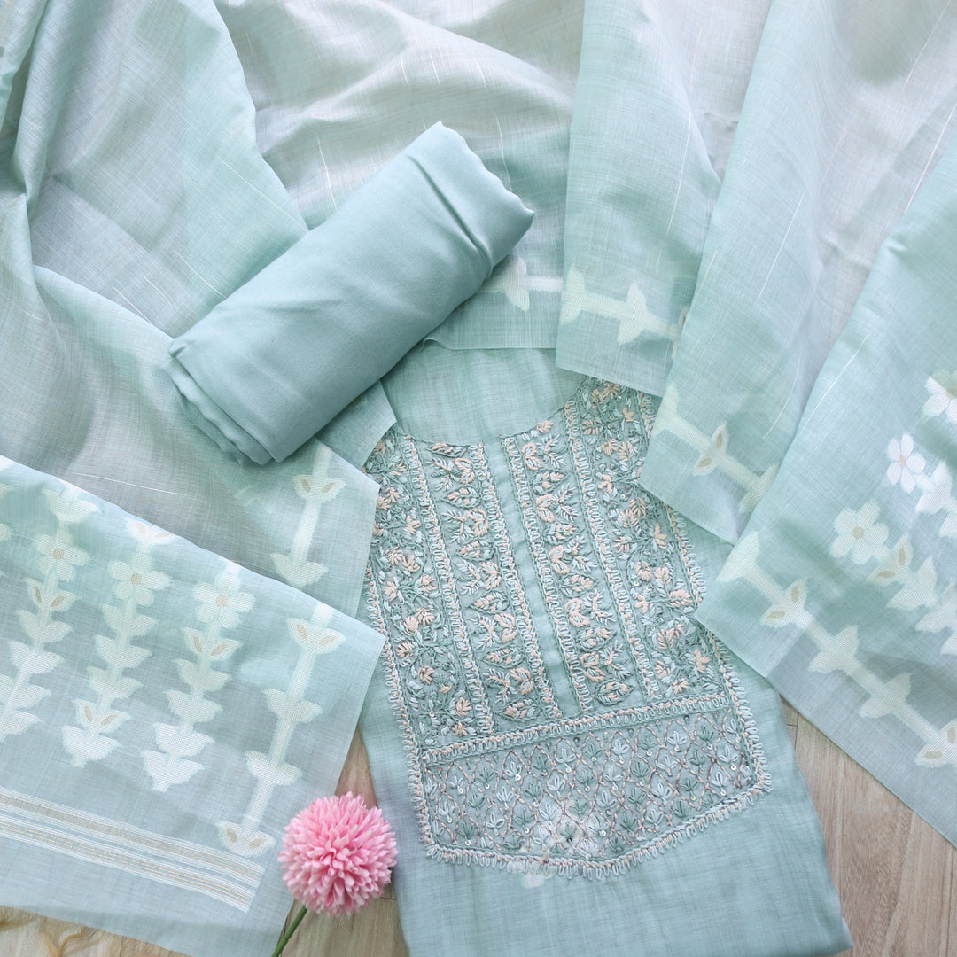 Jamdani Sea Blue Thread Neck Work Jamdani Suit Set