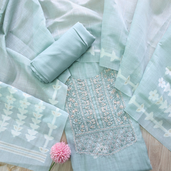 Jamdani Sea Blue Thread Neck Work Jamdani Suit Set