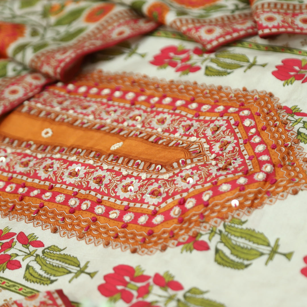 Newari Cream White French Knot Panel Style All Over Floral Print Muslin Set D2