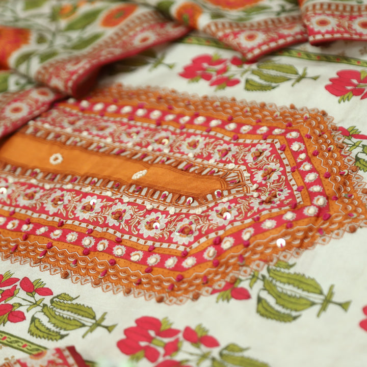 Newari Cream White French Knot Panel Style All Over Floral Print Muslin Set D2