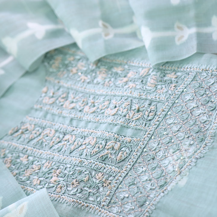 Jamdani Sea Blue Thread Neck Work Jamdani Suit Set