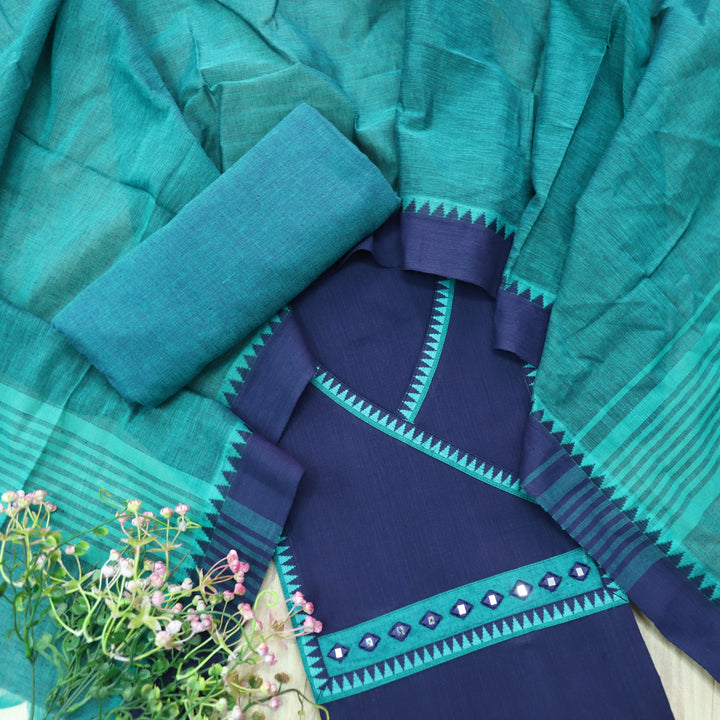 Sanskruti Denim Blue Angrakha Style South Cotton Temple Hem Suit Set