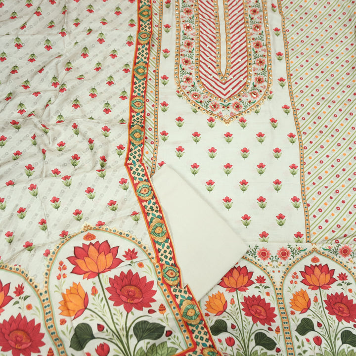 Newari Cream White French Knot Panel Style All Over Floral Print Muslin Set D1