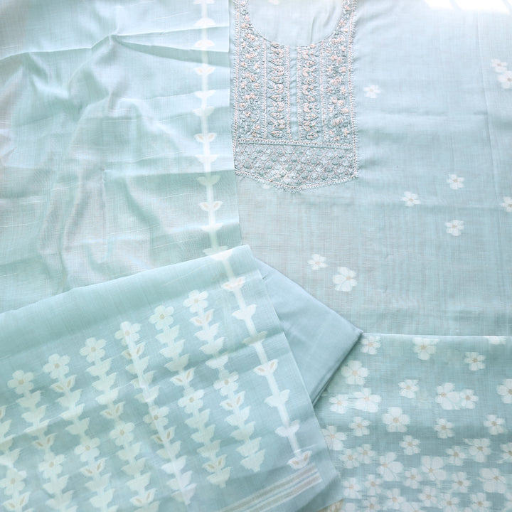 Jamdani Sea Blue Thread Neck Work Jamdani Suit Set