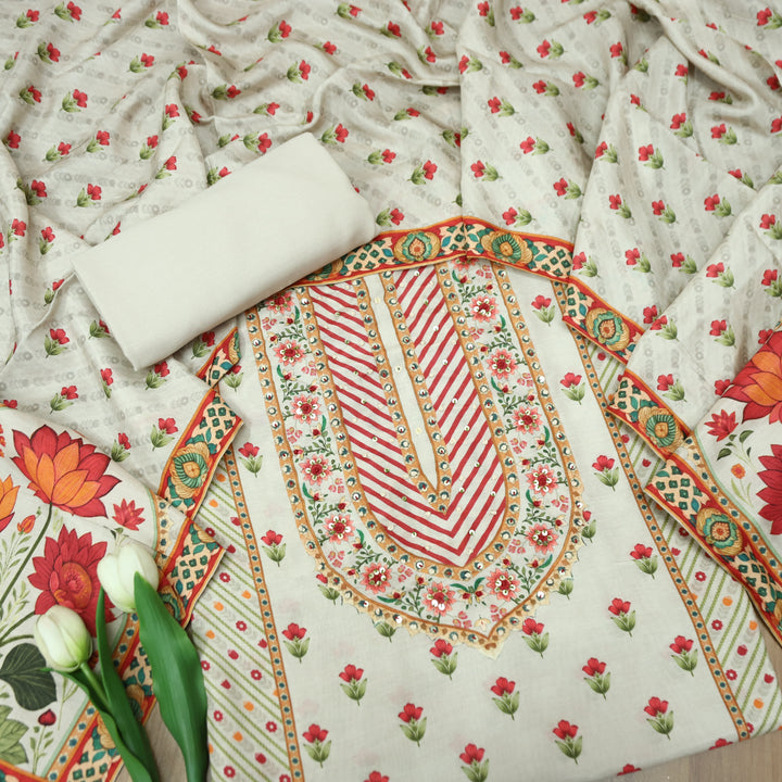 Newari Cream White French Knot Panel Style All Over Floral Print Muslin Set D1