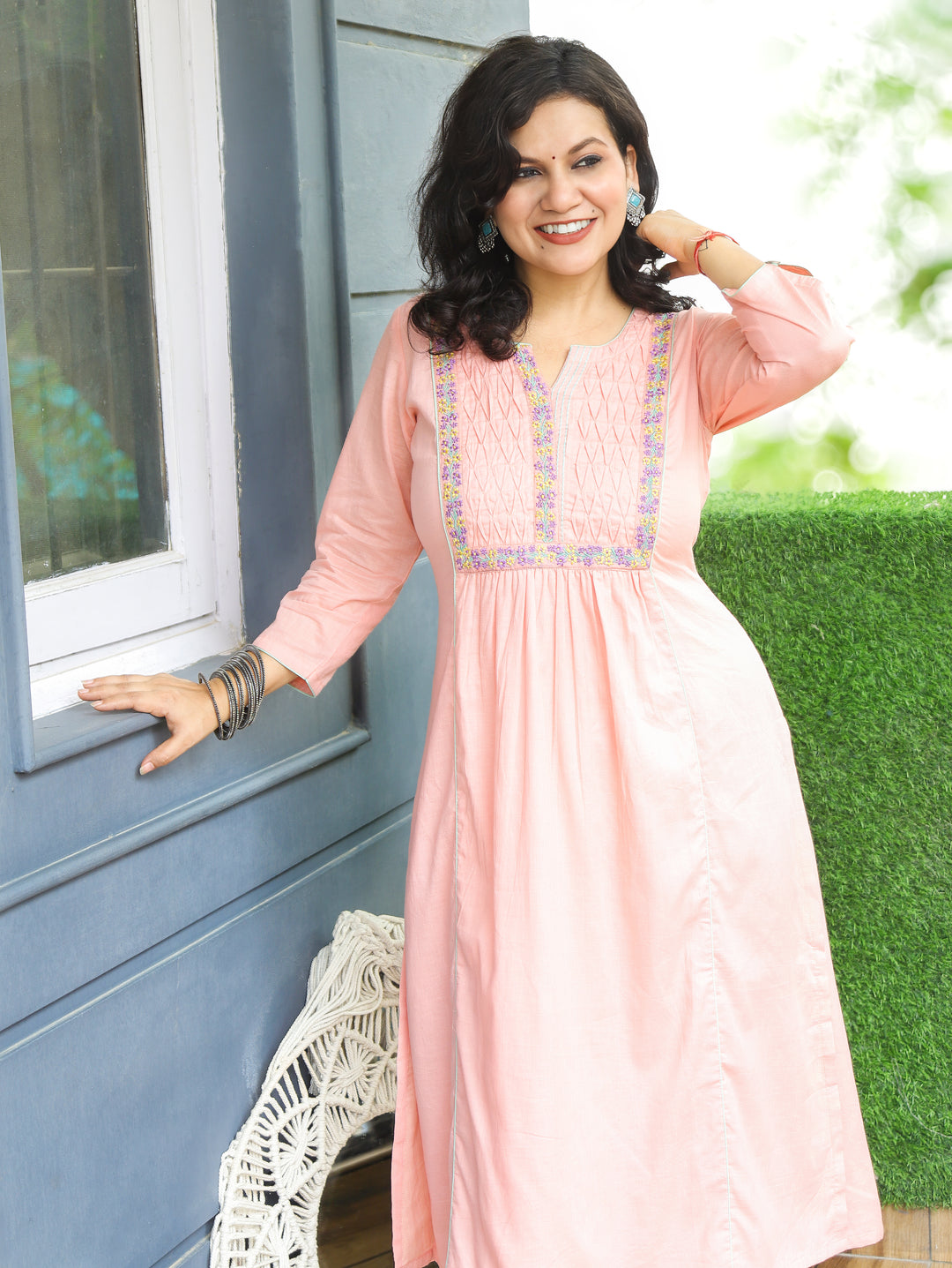 Rushali Peach Pintuck Work Yoke Cotton Kurti