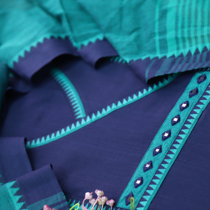 Sanskruti Denim Blue Angrakha Style South Cotton Temple Hem Suit Set