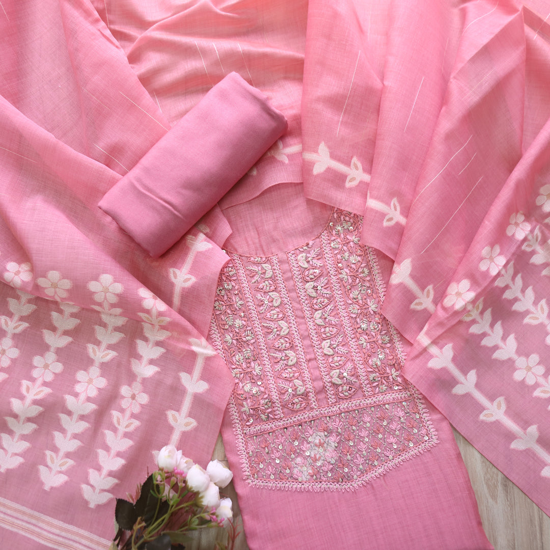Jamdani Flamingo Pink Thread Neck Work Jamdani Suit Set