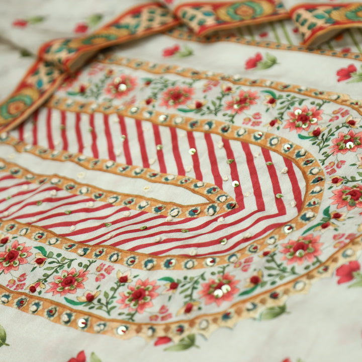 Newari Cream White French Knot Panel Style All Over Floral Print Muslin Set D1