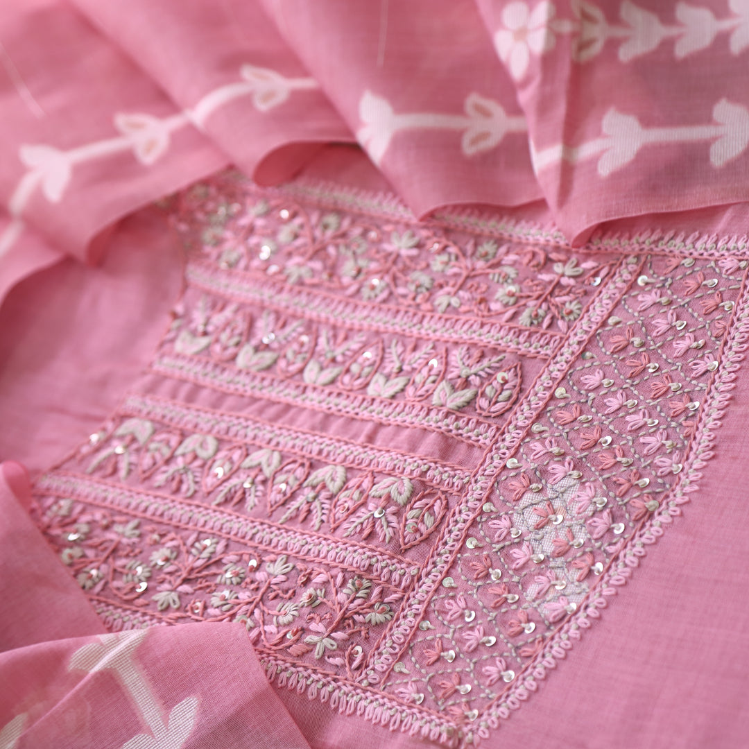 Jamdani Flamingo Pink Thread Neck Work Jamdani Suit Set