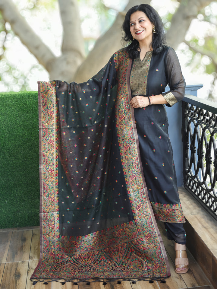 Saheli Onxy Black Round Neck in Jamdani Kashmiri Inspired Chanderi 3 Piece Set