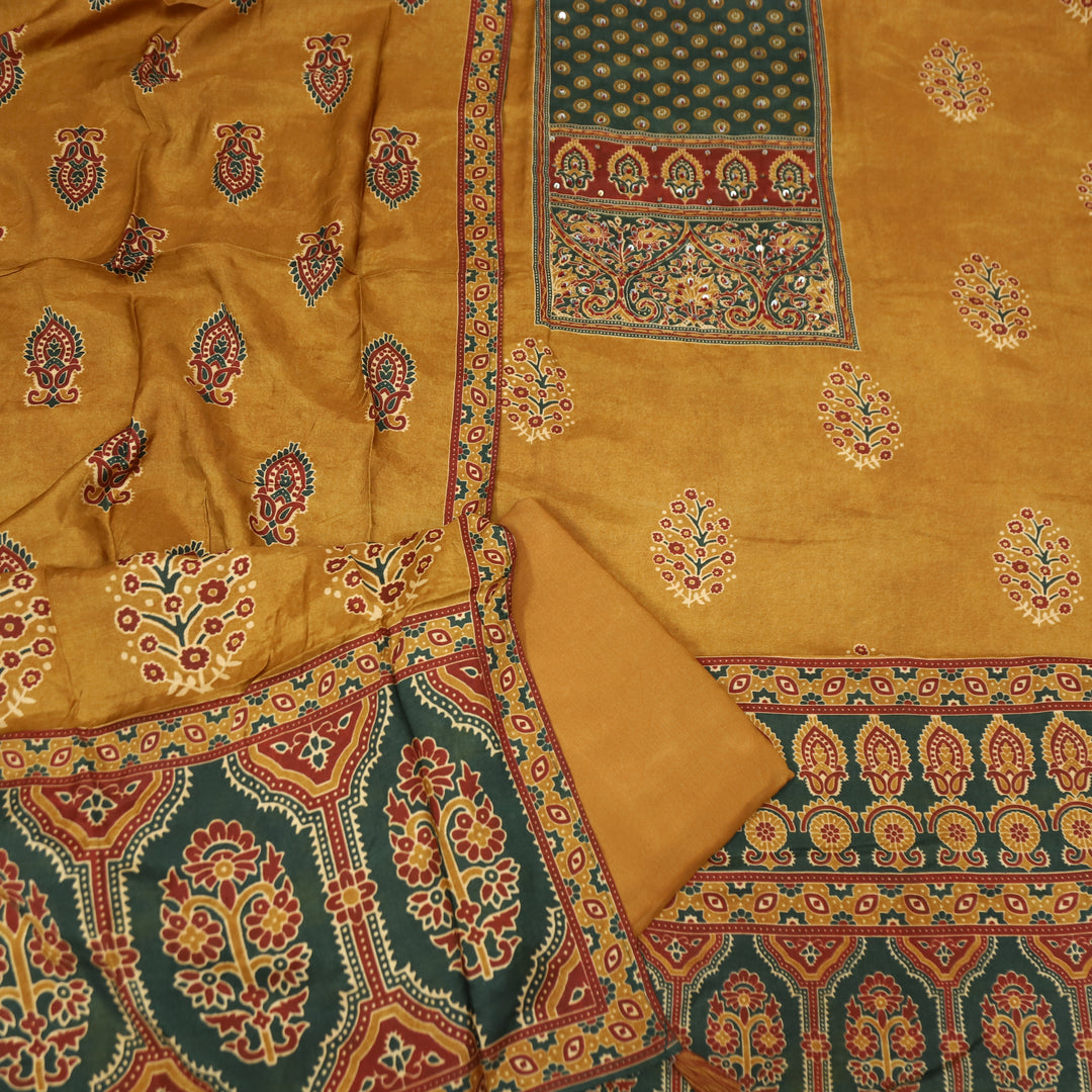 Newari Dijon Yellow French Knot in All Over Ajrak Printed Muslin Suit Set
