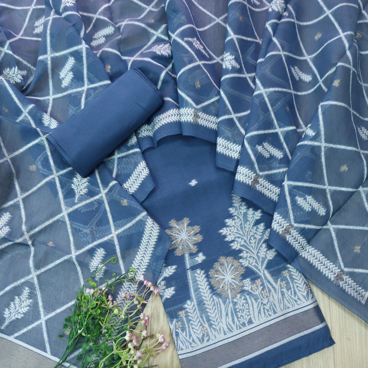 Rubaroo Cerulean Blue with Zari and Weaved Jamdani Suit Set D2