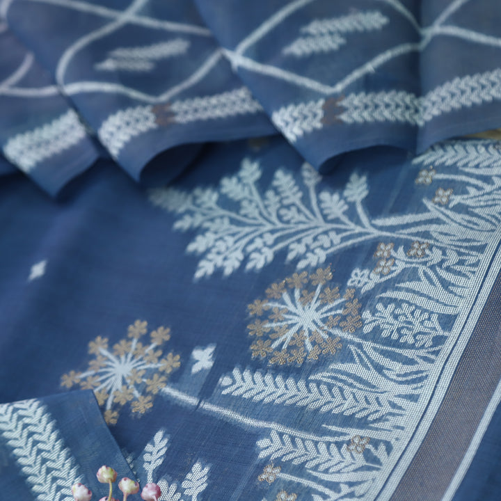 Rubaroo Cerulean Blue with Zari and Weaved Jamdani Suit Set D2