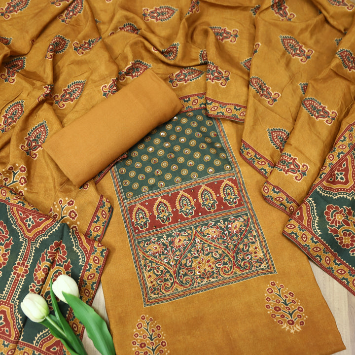 Newari Dijon Yellow French Knot in All Over Ajrak Printed Muslin Suit Set