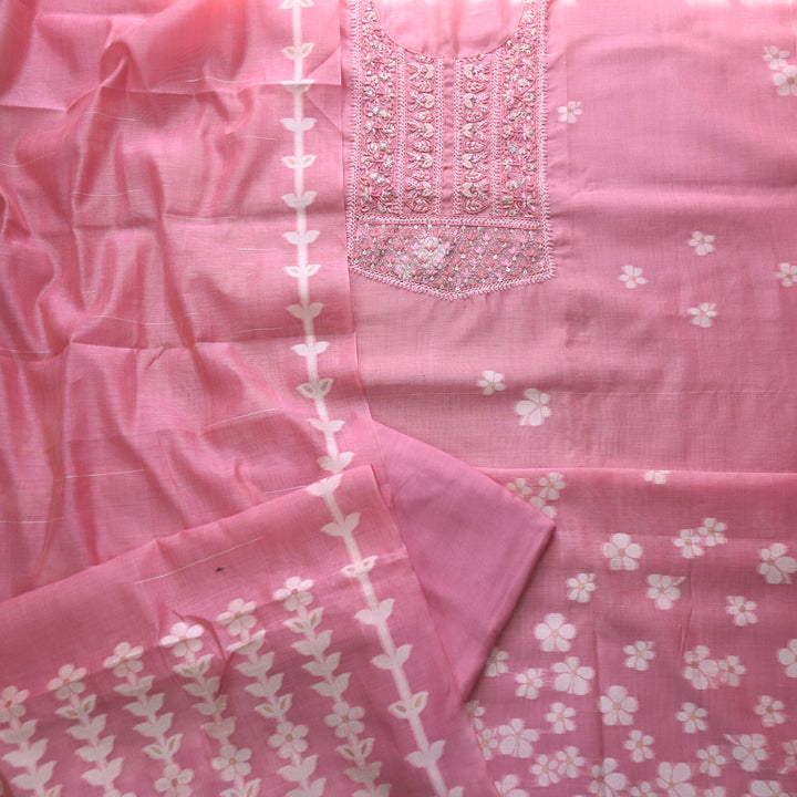 Jamdani Flamingo Pink Thread Neck Work Jamdani Suit Set