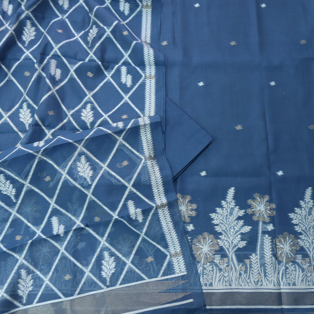Rubaroo Cerulean Blue with Zari and Weaved Jamdani Suit Set D2