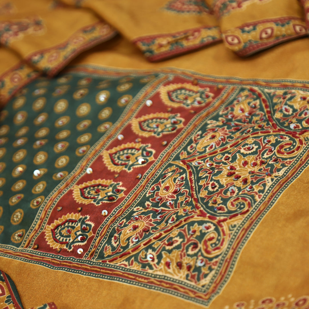 Newari Dijon Yellow French Knot in All Over Ajrak Printed Muslin Suit Set