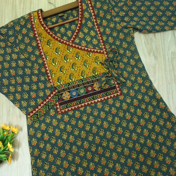 Ghoomer Grass Green Angrakha Style Neck Work Print Cotton Kurti-D1