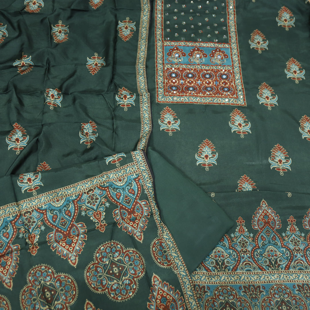 Newari Sacramento Green French Knot in All Over Ajrak Printed Muslin Suit Set