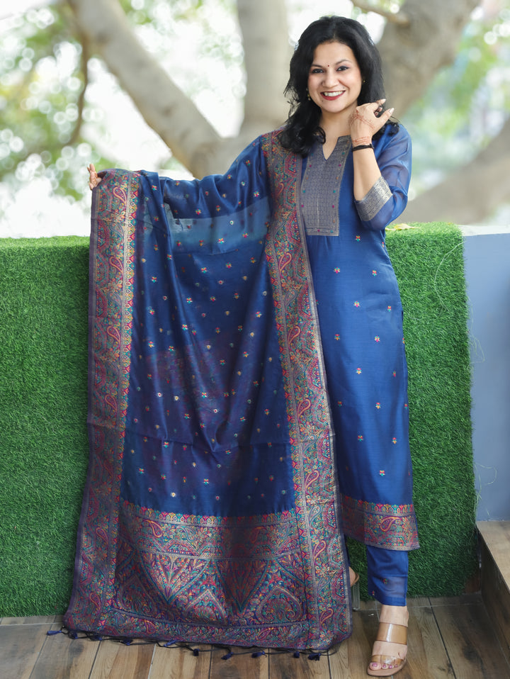 Saheli Cerulean Blue Round Neck in Jamdani Kashmiri Inspired Chanderi 3 Piece Set