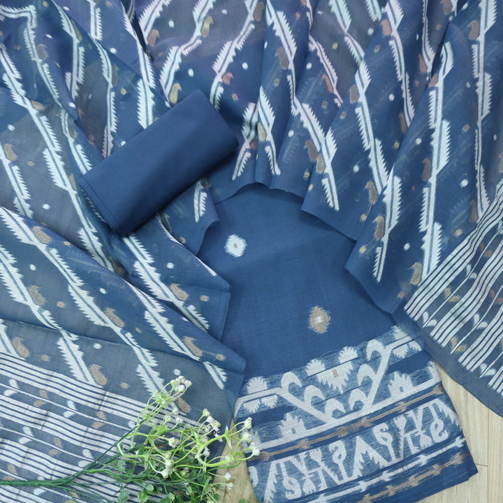 Rubaroo Cerulean Blue with Zari and Weaved Jamdani Suit Set D3