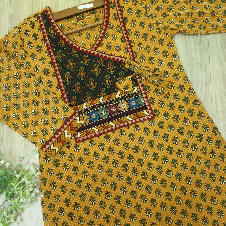 Ghoomer Dijon Yellow Angrakha Style Neck Work Print Cotton Kurti-D1