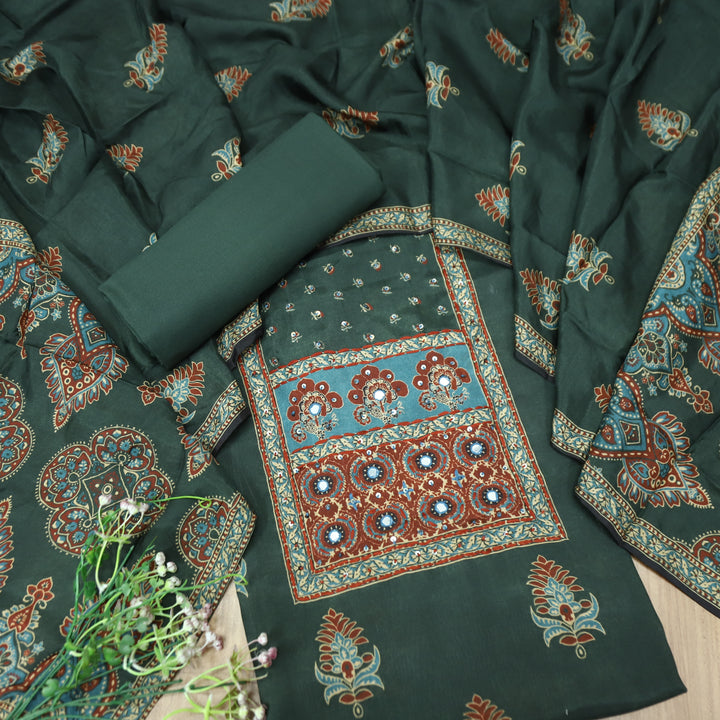 Newari Sacramento Green French Knot in All Over Ajrak Printed Muslin Suit Set