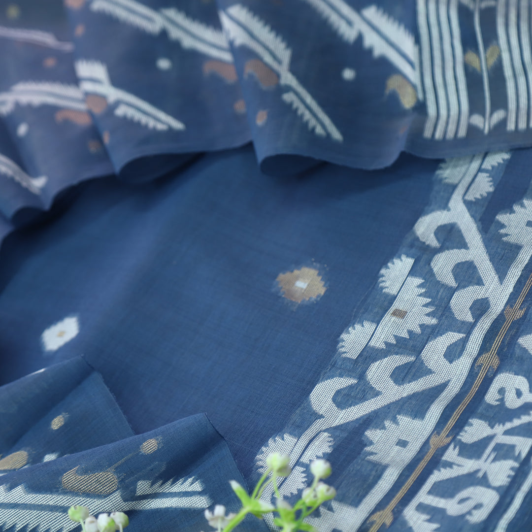 Rubaroo Cerulean Blue with Zari and Weaved Jamdani Suit Set D3