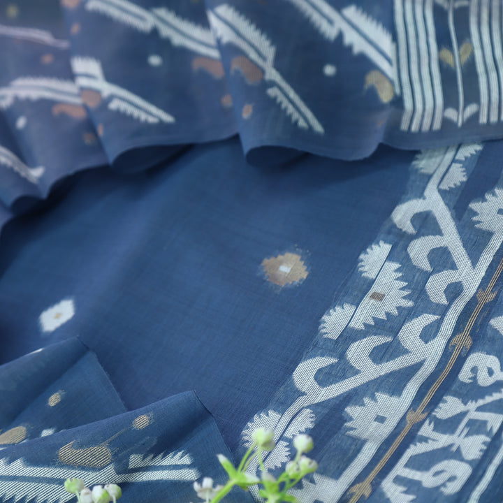Rubaroo Cerulean Blue with Zari and Weaved Jamdani Suit Set D3