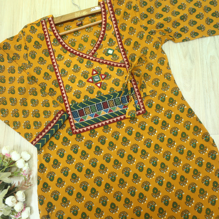 Ghoomer Bright Yellow Angrakha Style Neck Work Print Cotton Kurti-D2