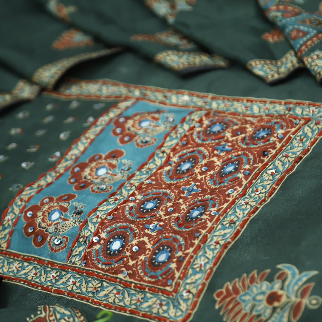 Newari Sacramento Green French Knot in All Over Ajrak Printed Muslin Suit Set