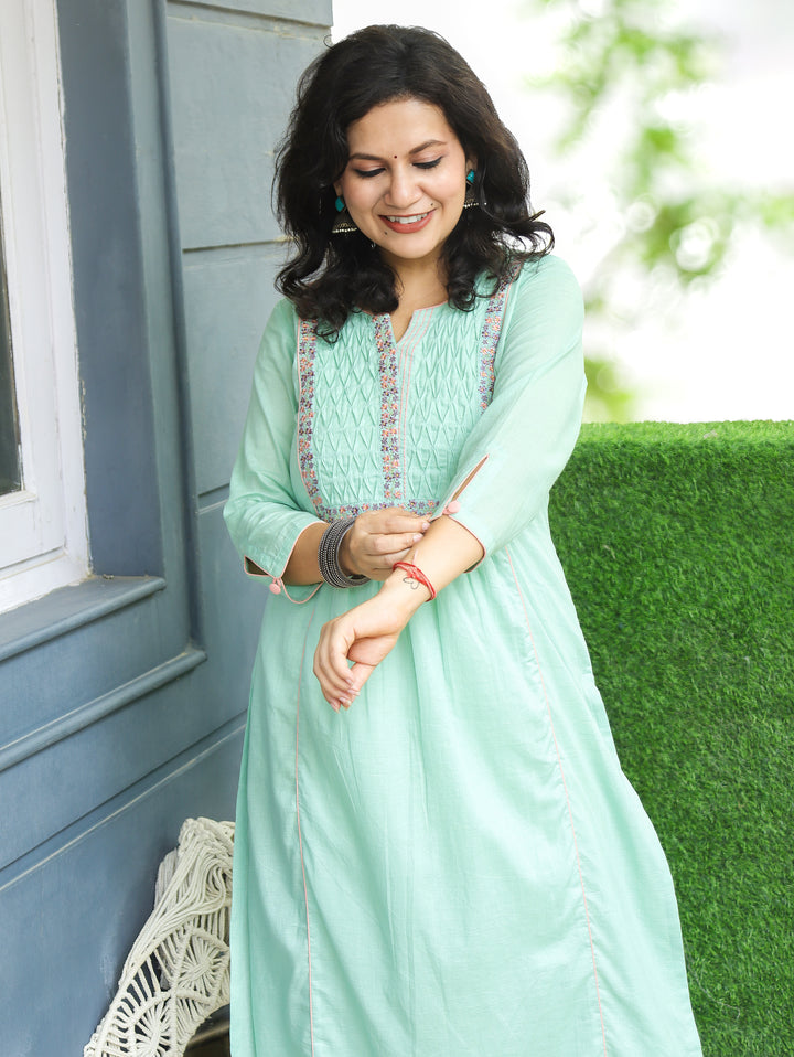 Rushali Minty Green Pintuck Work Yoke Cotton Kurti
